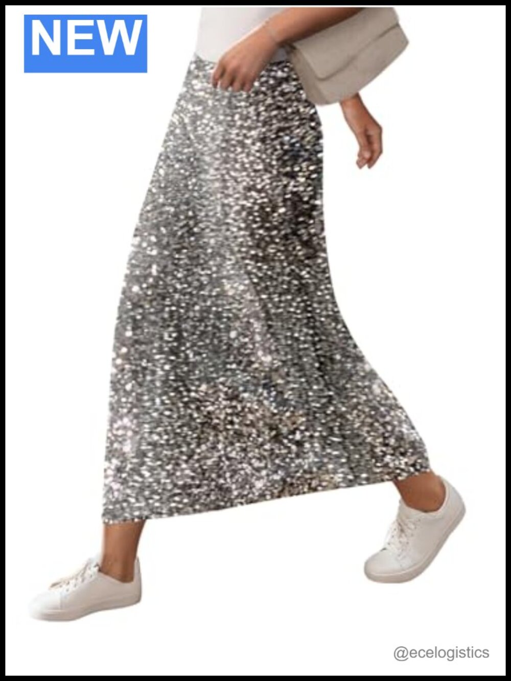 High Waisted Sequin Midi Skirt Womens Sparkly Party A-Line